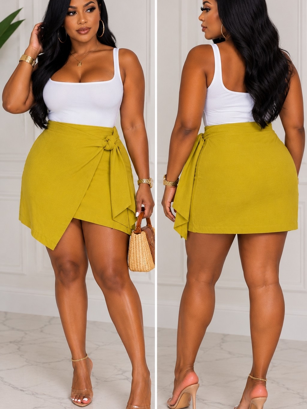 Knot-Detail Asymmetrical Mini Skirt in Mustard Yellow